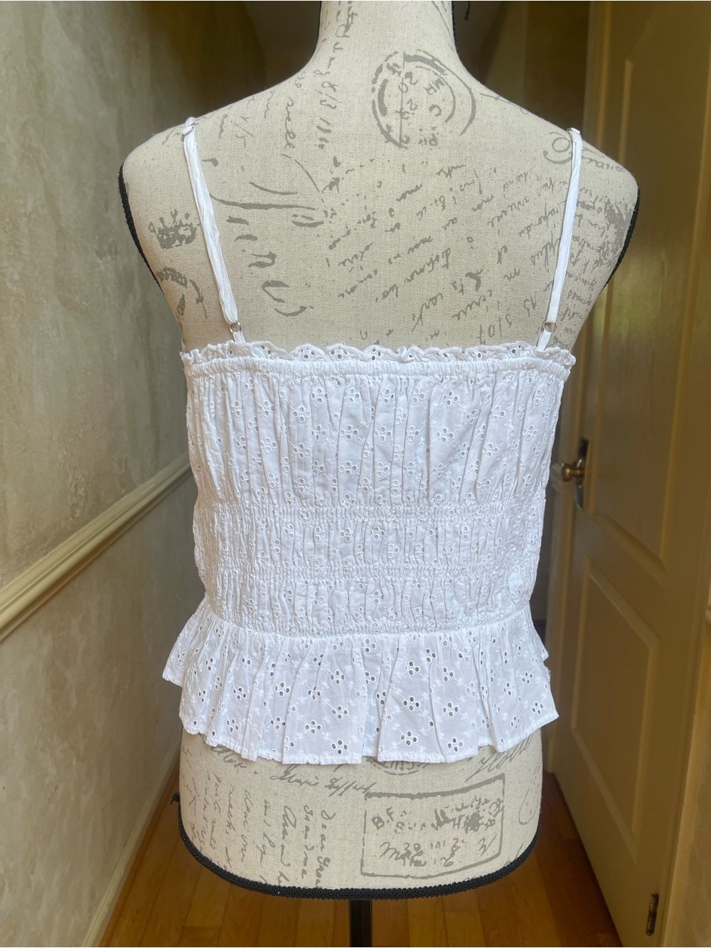 LOFT White Eyelet Button Down Smocked Peplum Cami Top Sz M Cottagecore Aesthetic - Picture 3 of 7